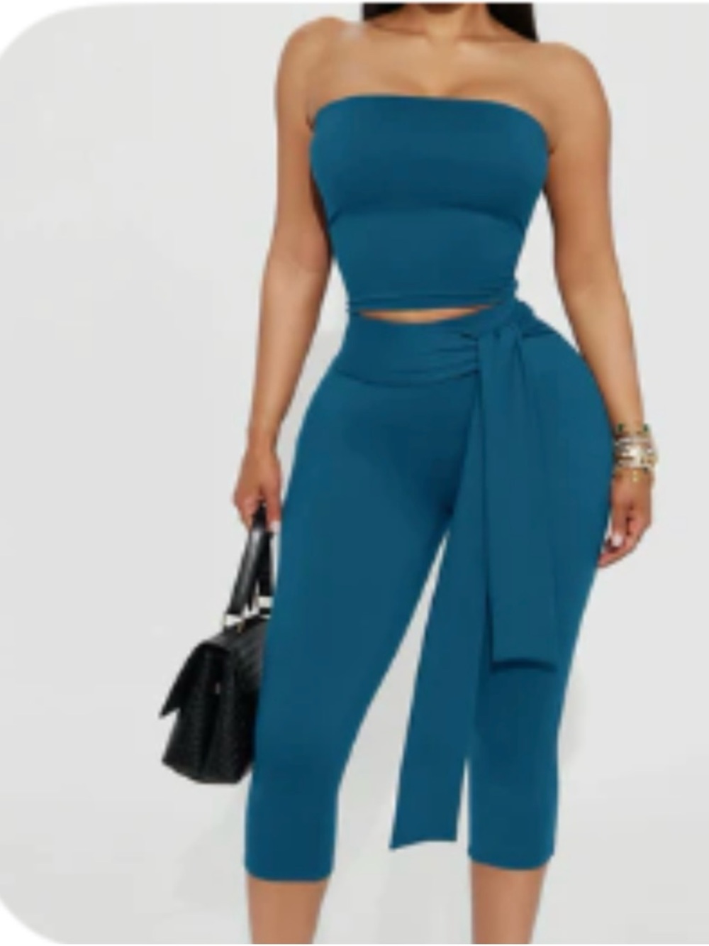 Fashion Nova Teal Strapless Crop Top & High-Waist Capri Set with Side Tie